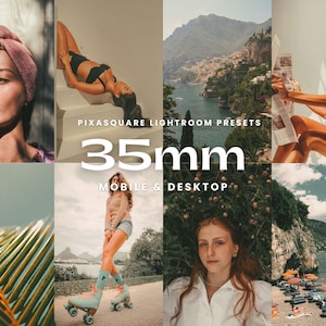 May include: A collage of images featuring people and landscapes. The text "Pixasquare Lightroom Presets 35mm Mobile & Desktop" is displayed in the center of the image.