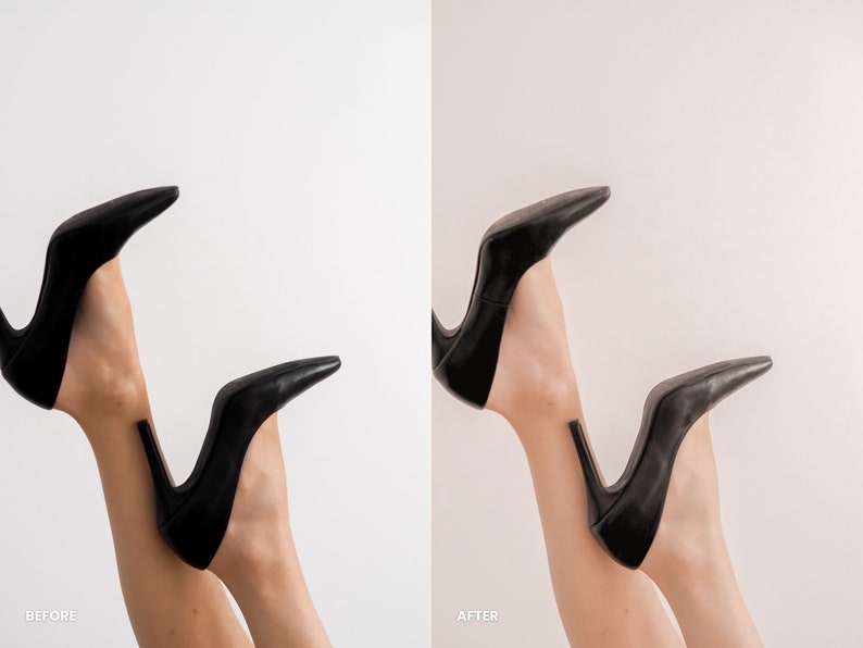 Puede incluir: Un par de zapatos negros de tac&oacute;n alto con punta, usados por una persona con piernas desnudas, sobre un fondo blanco.
