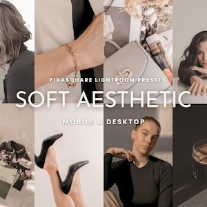 Puede incluir: Un conjunto de ajustes preestablecidos de Lightroom para dispositivos m&oacute;viles y de escritorio, llamado "Soft Aesthetic". Los ajustes preestablecidos est&aacute;n dise&ntilde;ados para crear una est&eacute;tica suave, c&aacute;lida y de ensue&ntilde;o en las fotos. La imagen muestra una variedad de fotos que se han editado con los ajustes preestablecidos, incluidas fotos de personas, moda y caf&eacute;.