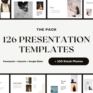 Paquete de 126 plantillas de presentación + 100 fotos de archivo adicionales para Keynote, PowerPoint y Google Slides, negocios corporativos y licencia comercial.