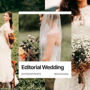 May include: A composite image showing three brides in white wedding dresses, each holding a bouquet. The image includes the text "Editorial Wedding" with "LIGHTROOM PRESETS" and "Mobile & Desktop" below. The brides are in a natural outdoor setting.