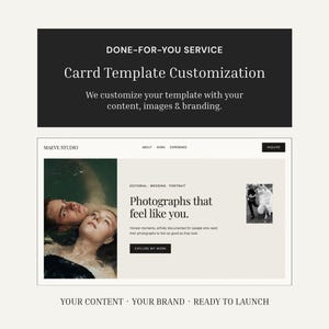 Può includere: Un grafico digitale che mostra un servizio di personalizzazione di modelli Carrd. Il testo recita: Done-for-you service, Carrd template customization, we customize your template with your content, images & branding, Maeve Studio, Photographs that feel like you, e your content, your brand, ready to launch.