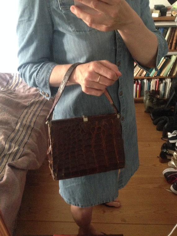Charming vintage brown leather handbag with alliga