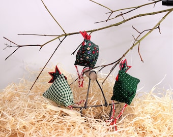 Poules de décoration de Pâques, 3 poules en tissu vert 351