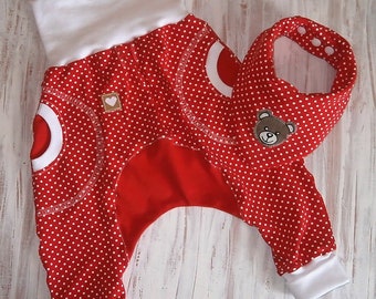 Set mit Pumphose und Babyhalstuch Mitwachshose Applikation Teddy rot weiße Punkte hoher Bund lange Bündchen kleine Taschen