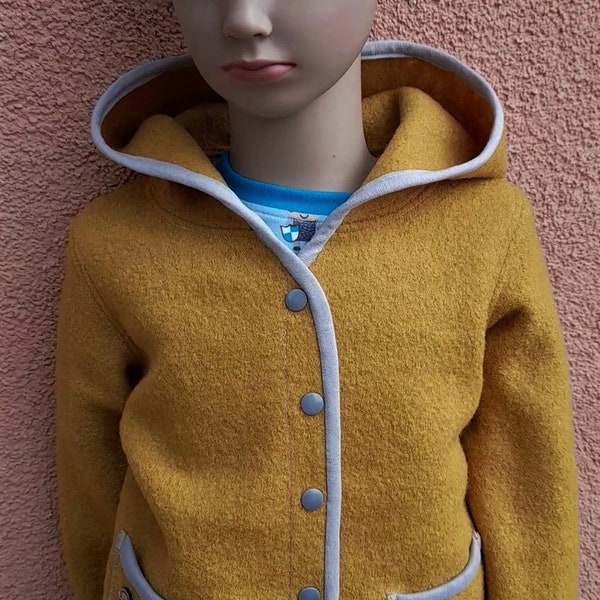 Wollwalkjacke mit Kapuze - Übergangsjacke - in senffarben ohne Innenfutter für alle Kinder Doppelgröße 56-62 bis 104-110