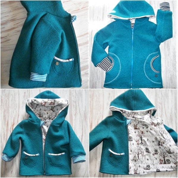 Wool walk jacket baby jacket children's jacket with hood in petrol colored double size 56-62 to 128-134