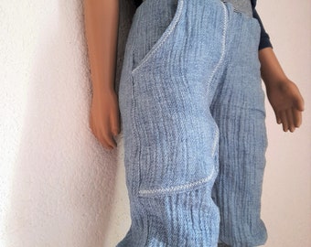 Knickerbocker Sommerhose aus Musselin in Leinenoptik jeansfarben mit Fake-Kordel Wunschfarbe Doppelgröße 80-86 bis 128-134