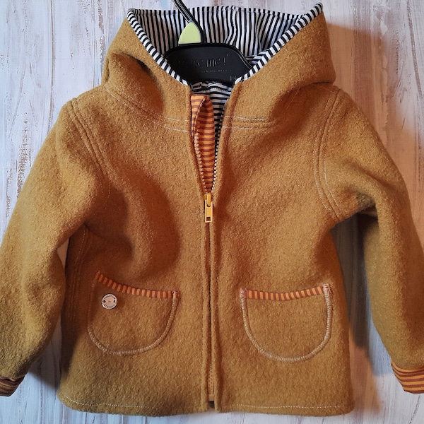 Wool walk jacket baby jacket in mustard color - round or pointed hood - with or without inner lining of your choice - DG 56-62 to 128-134