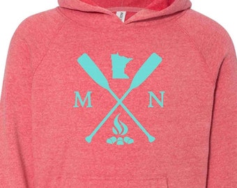 Girls Minnesota Lake Hoodie Shirt | Bonfire Toddler Youth Gift Kids Camping Outdoors Sweatshirt | Ultra Soft Pink White Glitter Matte Hooded