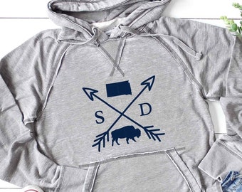 South Dakota Hoodie Bison Cross Arrow | SD Home State Burnout Unisex Shirt Sparkly Metallic Soft Lightweight Hooded Sweatshirt, Light Grey