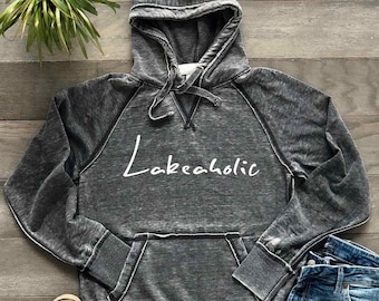 Lakeaholic Hoodie | Lake Vibes Bum Lake Vacation Soft Lightweight Shirt | Vintage Wash Hooded Sweatshirt, Dark Grey