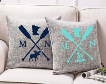 18x18 Minnesota Cross Paddle Throw Pillow Case (PILLOW COVER ONLY) Moose Bonfire Faux Linen, Home Decor Sofa Couch, Sparkly or Matte, Grey