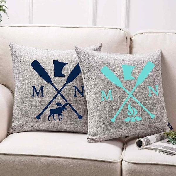 18x18 Minnesota Cross Paddle Throw Pillow Case (PILLOW COVER ONLY) Moose Bonfire Faux Linen, Home Decor Sofa Couch, Sparkly or Matte, Grey