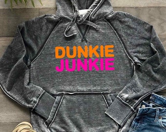 Dunkie Junkie Hoodie Shirt Soft Burnout Hooded Sweatshirt | Coffee Lover | Unisex Lightweight Quality, Pink Orange Dark Grey