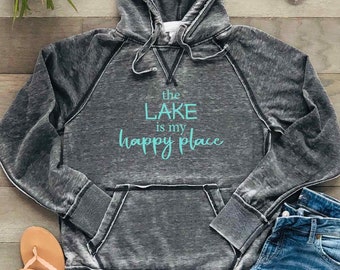 The Lake is my Happy Place Hoodie | Lake Lover Unisex Womens Hooded Sweatshirt | Bonfire Burnout Ultra Soft Lightweight, Dark Grey