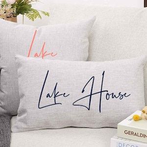 Lake House Throw Pillow (PILLOW COVER ONLY) 12x20 18x18 Faux Linen, Beach Vacation Home Decor Sofa Couch image 1