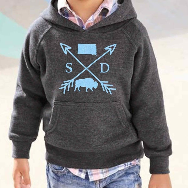 South Dakota Girls Boys Youth Toddler Hoodie Cross Arrow Bison | Kids Shirt Sweatshirt | Kid Gift | Ultra Soft Navy Blue Hooded Unis