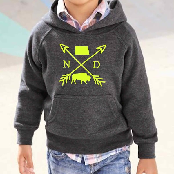 North Dakota Girls Boys Youth Toddler Hoodie Cross Arrow Bison | Kids Shirt Sweatshirt | Kid Gift | Soft Navy Blue Hooded Unis