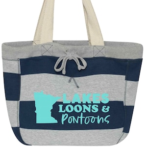 Minnesota Lakes Beach Bag Tote Grocery Bag | Lakes Loons & Pontoons Matte or Sparkly | Minnesota Gift Navy Striped | Machine Washable