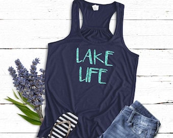 Lake Life Tank Top Shirt | LaKe Gift | Soft Flowy Navy Blue Racerback Tank | Sparkly or Matte