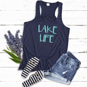 Lake Life Tank Top Shirt | LaKe Gift | Soft Flowy Navy Blue Racerback Tank | Sparkly or Matte Jade Green-Glitter