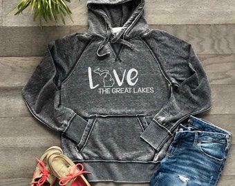 Michigan Great Lakes Burnout Hoodie | Super Soft Quality Lightweight Comfortable Shirt | Vintage Hooded Sweatshirt, Dark Grey