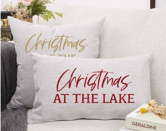 Christmas Throw Pillow Christmas at the Lake (PILLOW COVER ONLY) 12x20 18x18 Faux Linen, Decor Sofa Couch, Sparkly or Matte, Grey Red Gold