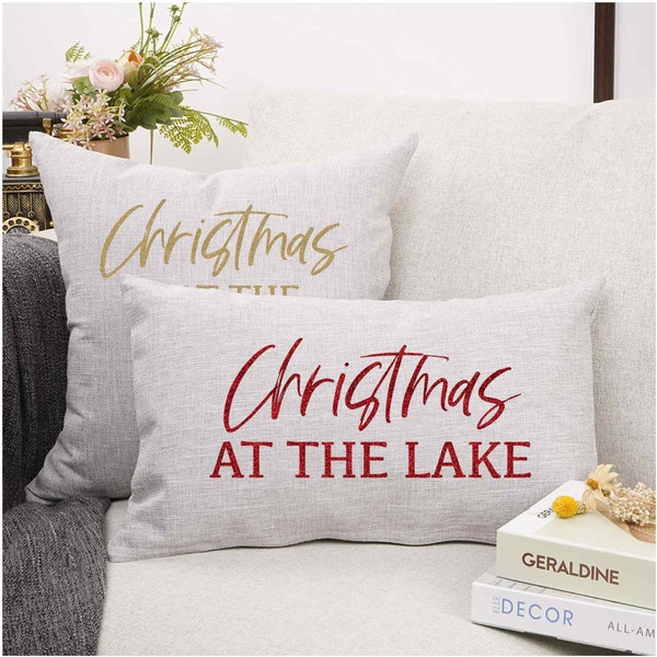 Christmas Throw Pillow Christmas at the Lake (PILLOW COVER ONLY) 12x20 18x18 Faux Linen, Decor Sofa Couch, Sparkly or Matte, Grey Red Gold