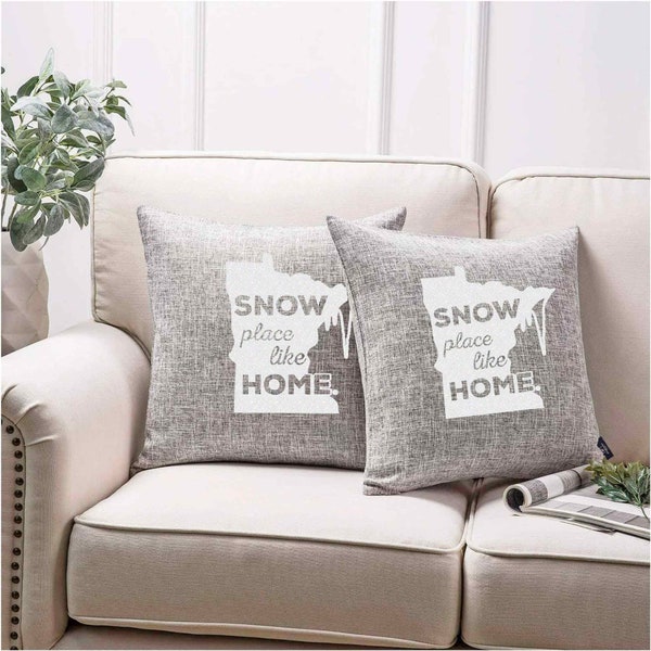 18x18 Minnesota Snow Place Like Home (PILLOW COVER ONLY) Faux Linen, Home Decor Sofa Couch, Sparkly or Matte, Grey