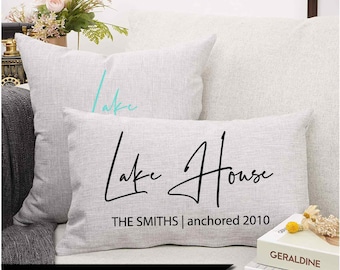 Personalized Lake House Pillow Cover(Cover Only): Custom Name & Date, Faux Linen