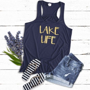 Lake Life Tank Top Shirt | LaKe Gift | Soft Flowy Navy Blue Racerback Tank | Sparkly or Matte Yellow-Glitter