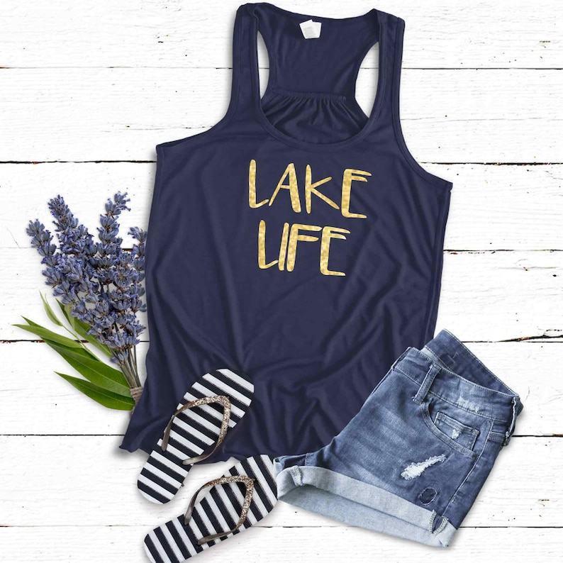 Lake Life Tank Top Shirt | LaKe Gift | Soft Flowy Navy Blue Racerback Tank | Sparkly or Matte Yellow-Glitter