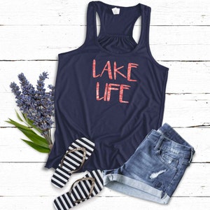 Lake Life Tank Top Shirt | LaKe Gift | Soft Flowy Navy Blue Racerback Tank | Sparkly or Matte Coral-Glitter