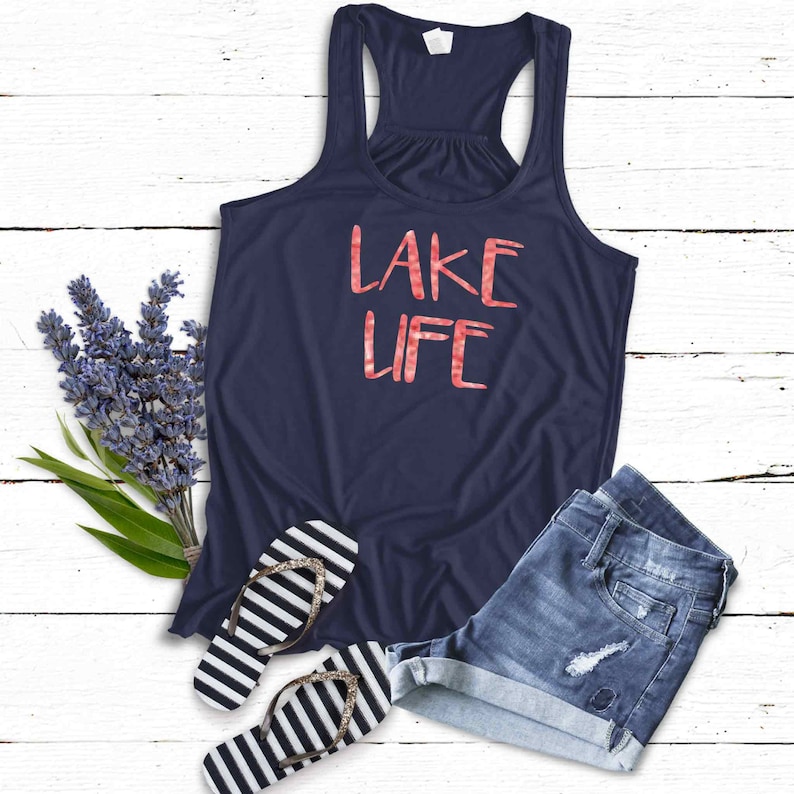 Lake Life Tank Top Shirt | LaKe Gift | Soft Flowy Navy Blue Racerback Tank | Sparkly or Matte Coral-Glitter