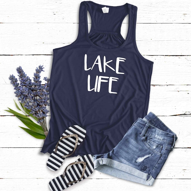 Lake Life Tank Top Shirt | LaKe Gift | Soft Flowy Navy Blue Racerback Tank | Sparkly or Matte White-NonGlitter