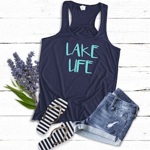 Lake Life Tank Top Shirt | LaKe Gift | Soft Flowy Navy Blue Racerback Tank | Sparkly or Matte Mint-NonGlitter