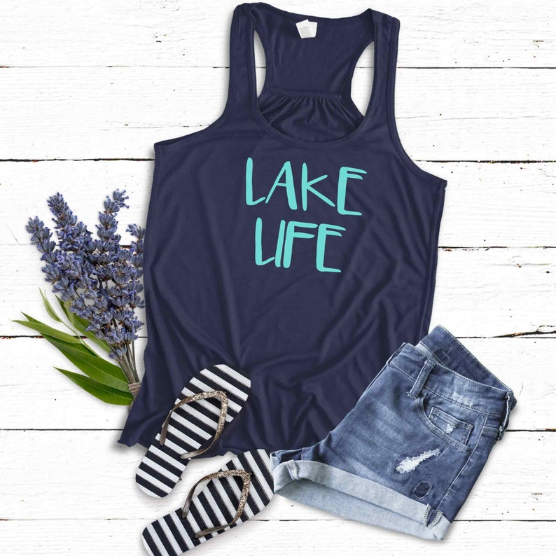 Lake Life Tank Top Shirt | LaKe Gift | Soft Flowy Navy Blue Racerback Tank | Sparkly or Matte Mint-NonGlitter