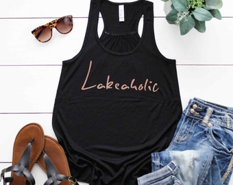 Womens Lakeaholic Racerback Tank Matte or Sparkly | Lake Shirt | Lake Love | Lake Bum | Summer Tank Top | Super Soft Black Tank