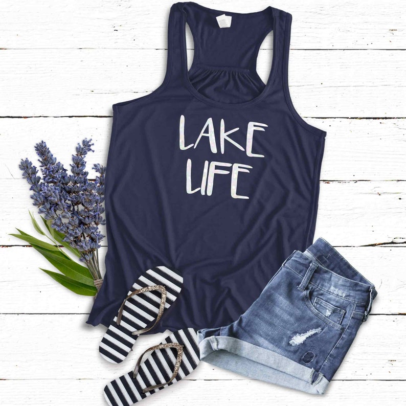 Lake Life Tank Top Shirt | LaKe Gift | Soft Flowy Navy Blue Racerback Tank | Sparkly or Matte White-Glitter