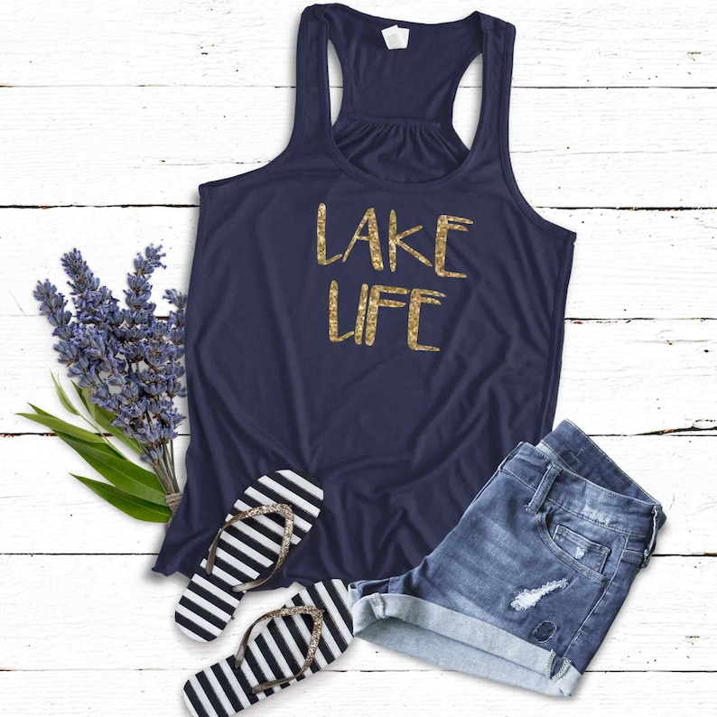 Lake Life Tank Top Shirt | LaKe Gift | Soft Flowy Navy Blue Racerback Tank | Sparkly or Matte Gold-Glitter