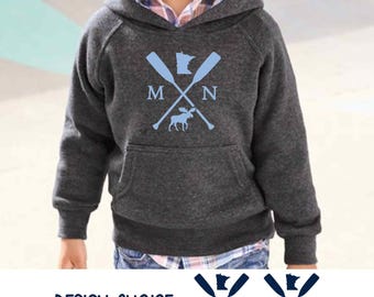 Minnesota Lake Hoodie: Soft Navy Blue Kids Moose Walleye Bonfire Sweatshirt