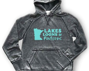 Minnesota Lakes Loons & Pontoons Hoodie: Lightweight MN Lakes Soft Sweatshirt, Dark Grey