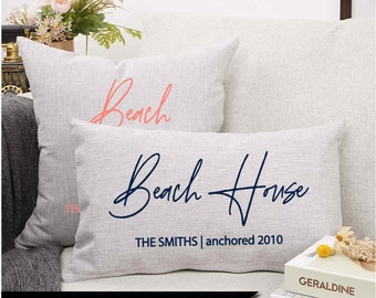 Personalized Beach House Pillow Cover(COVER ONLY): Custom Name & Date, Faux Linen
