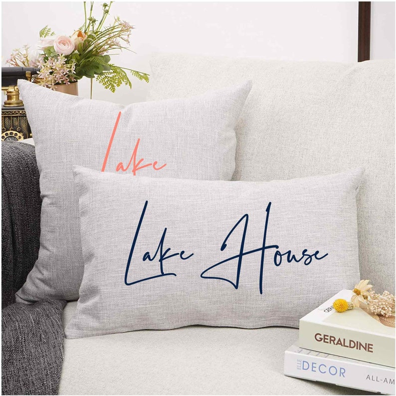 Lake House Throw Pillow (PILLOW COVER ONLY) 12x20 18x18 Faux Linen, Beach Vacation Home Decor Sofa Couch image 1