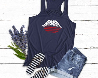 Women's 4th of July Tank Top | Red White Blue Shirt | Kid Lips America Patriotic Shirt | Soft Flowy Racerback Navy Tank