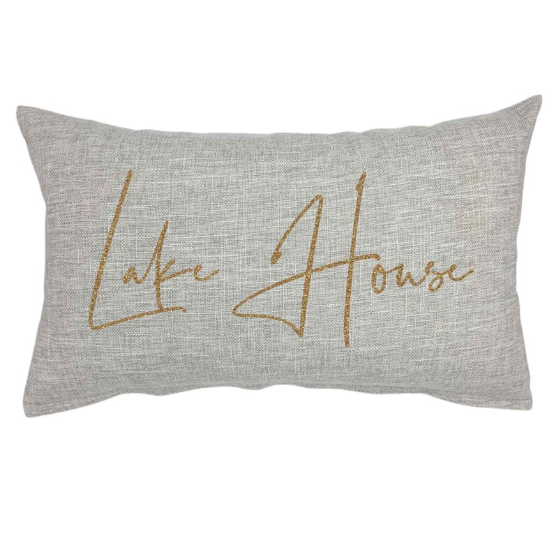 Lake House Throw Pillow (PILLOW COVER ONLY) 12x20 18x18 Faux Linen, Beach Vacation Home Decor Sofa Couch Gold-Glitter