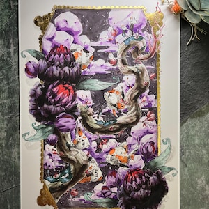 May include: A fantasy art print depicting koi carp, purple flowers, and a stylized tree within a gold-edged frame. The artwork has a dark, dreamlike quality with a mix of purple, red, and white tones.