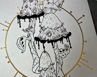 May include: Black and white ink drawing of three mushrooms with deer antlers and dripping black ink. The mushrooms are surrounded by a gold circle with lines radiating out.