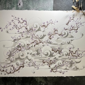 May include: Watercolor painting of a stylized landscape featuring swirling clouds and flowering branches. The artwork is primarily in shades of gray and white, with accents of purple in the blossoms. The paper has a deckled edge.